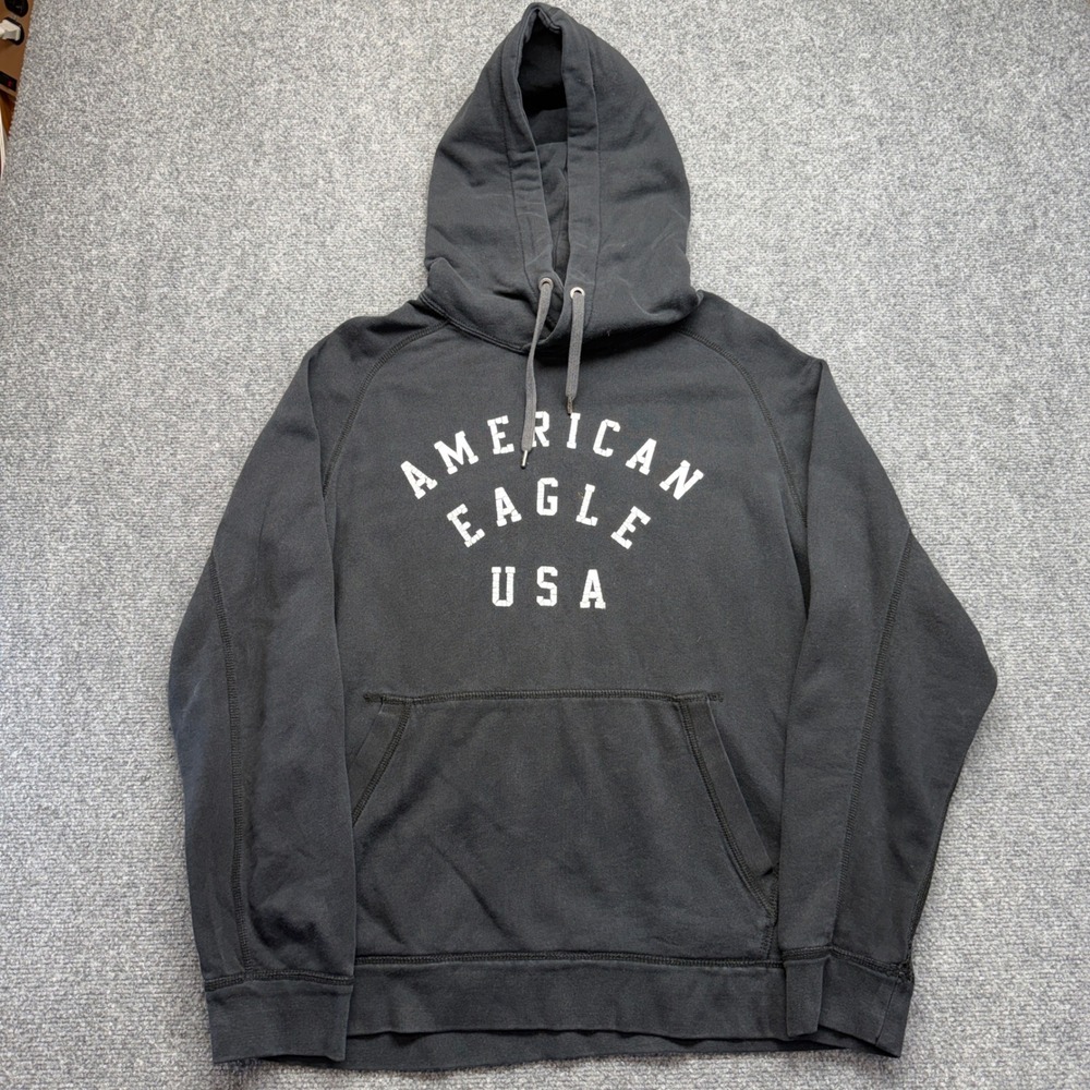American Eagle USA Mens Pullover Hoodie Black Graphic Sweatshirt Large AE-177
